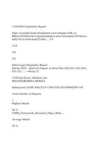 3/28/2020 Originality Report
https://ucumberlands.blackboard.com/webapps/mdb-sa-
BB5a31b16bb2c48/originalityReport/ultra?attemptId=05942a1c-
6d92-4c7e-b1b8-6edc521465… 1/3
%19
%4
%2
SafeAssign Originality Report
Spring 2020 - InfoTech Import in Strat Plan (ITS-831-52) (ITS-
831-53) -… • Week-12
%26Total Score: Medium risk
BHANUKRISHNA MOKKA
Submission UUID: 056c37c5-1709-f218-2f2f-9b6002991145
Total Number of Reports
1
Highest Match
26 %
COSO_Framework_Research_Paper_Bhan…
Average Match
26 %
 