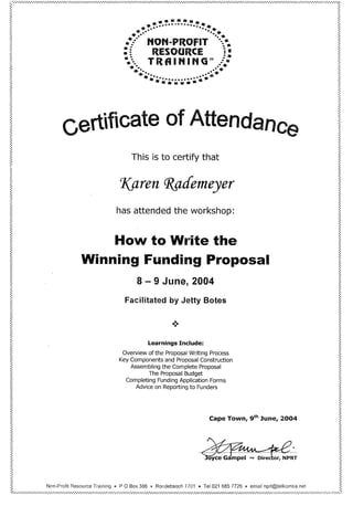 K. Rademeyer Proposal Writing Certificate 2004
