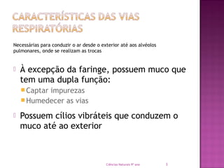 Necessárias para conduzir o ar desde o exterior até aos alvéolos
pulmonares, onde se realizam as trocas
 À excepção da fa...