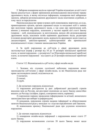 128
5. Заборона поширення медіа на території України відповідно до цієї статті
Закону реалізується у формі припинення розповсюдження (вилучення) тиражу
друкованого медіа, в якому міститься інформація, поширення якої заборонено
законом, заборони розповсюдження друкованого медіа поштовими службами, в
тому числі за передплатою.
Національна рада має право в межах своїх повноважень звертатись до суду,
правоохоронних органів, органів державної влади та посадових осіб із заявою
про вилучення тиражу друкованого медіа, а так само про притягнення осіб,
винних у вчиненні порушень, зазначених у частині першій цієї статті Закону
(зокрема – осіб, відповідальних за виготовлення, випуск або розповсюдження
друкованих медіа, власників та/або керівників друкованих медіа, редакторів
(головних редакторів) друкованих медіа, журналістів друкованих медіа тощо) до
дисциплінарної, цивільно-правової, адміністративної або кримінальної
відповідальності згідно з чинним законодавством України.
6. За грубі порушення до суб’єктів у сфері друкованих медіа
застосовується штраф у розмірі від 10 до 75 розмірів мінімальної заробітної
плати, за значні порушення – у розмірі від 5 до 50 розмірів мінімальної заробітної
плати, за незначні порушення – від одного до 25 розмірів мінімальної заробітної
плати.
Стаття 112. Відповідальність суб’єктів у сфері онлайн-медіа
1. Залежно від ступеню суспільної небезпеки порушення вимог
законодавства суб’єктами у сфері онлайн-медіа, за які Національна рада має
право застосовувати санкції, поділяються на:
1) незначні;
2) значні;
3) грубі.
2. До незначних порушень відноситься:
1) порушення реєстрантом (у разі добровільної реєстрації) строків
внесення змін до Реєстру, які реєстрант відповідно до цього Закону самостійно
вносить до Реєстру (телефон, адреса, електронна пошта, керівник);
2) порушення порядку проведення інформування та агітації, визначеного
законодавством про вибори та референдуми;
3) ненадання, порушення строків надання інформації за обґрунтованим
запитом Національної ради у випадках та з підстав передбачених цим Законом;
4) невиконання припису Національної ради про усунення незначного
порушення.
3. До значних порушень відноситься:
1) поширення онлайн-медіа інформації з порушенням вимог статті 37
цього Закону;
2) порушення встановлених статтею 38 цього Закону вимог щодо
 
