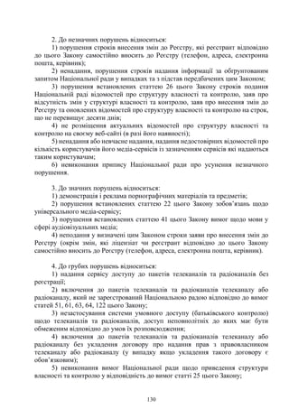 130
2. До незначних порушень відноситься:
1) порушення строків внесення змін до Реєстру, які реєстрант відповідно
до цього Закону самостійно вносить до Реєстру (телефон, адреса, електронна
пошта, керівник);
2) ненадання, порушення строків надання інформації за обґрунтованим
запитом Національної ради у випадках та з підстав передбачених цим Законом;
3) порушення встановлених статтею 26 цього Закону строків подання
Національній раді відомостей про структуру власності та контролю, заяв про
відсутність змін у структурі власності та контролю, заяв про внесення змін до
Реєстру та оновлених відомостей про структуру власності та контролю на строк,
що не перевищує десяти днів;
4) не розміщення актуальних відомостей про структуру власності та
контролю на своєму веб-сайті (в разі його наявності);
5) ненадання або невчасне надання, надання недостовірних відомостей про
кількість користувачів його медіа-сервісів із зазначенням сервісів які надаються
таким користувачам;
6) невиконання припису Національної ради про усунення незначного
порушення.
3. До значних порушень відноситься:
1) демонстрація і реклама порнографічних матеріалів та предметів;
2) порушення встановлених статтею 22 цього Закону зобов’язань щодо
універсального медіа-сервісу;
3) порушення встановлених статтею 41 цього Закону вимог щодо мови у
сфері аудіовізуальних медіа;
4) неподання у визначені цим Законом строки заяви про внесення змін до
Реєстру (окрім змін, які ліцензіат чи реєстрант відповідно до цього Закону
самостійно вносить до Реєстру (телефон, адреса, електронна пошта, керівник).
4. До грубих порушень відноситься:
1) надання сервісу доступу до пакетів телеканалів та радіоканалів без
реєстрації;
2) включення до пакетів телеканалів та радіоканалів телеканалу або
радіоканалу, який не зареєстрований Національною радою відповідно до вимог
статей 51, 61, 63, 64, 122 цього Закону;
3) незастосування системи умовного доступу (батьківського контролю)
щодо телеканалів та радіоканалів, доступ неповнолітніх до яких має бути
обмеженим відповідно до умов їх розповсюдження;
4) включення до пакетів телеканалів та радіоканалів телеканалу або
радіоканалу без укладення договору про надання прав з правовласником
телеканалу або радіоканалу (у випадку якщо укладення такого договору є
обов’язковим);
5) невиконання вимог Національної ради щодо приведення структури
власності та контролю у відповідність до вимог статті 25 цього Закону;
 