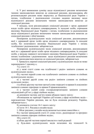 160
6. У разі виникнення сумніву щодо відповідності реклами визначеним
чинним законодавством вимогам до соціальної реклами, рекламодавець або
розповсюджувач реклами може звернутись до Національної ради України з
питань телебачення і радіомовлення стосовно надання висновку щодо
відповідності реклами визначеним чинним законодавством вимогам до
соціальної реклами.
У випадку, коли рекламодавцем соціальної реклами є орган державної
влади та/або орган місцевого самоврядування, їх посадові особи, отримання
висновку Національної ради України з питань телебачення та радіомовлення
щодо відповідності реклами визначеним чинним законодавством вимогам до
соціальної реклами є обов’язковим.
Поширення аудіовізуальним медіа соціальної реклами, рекламодавцем
якої є державний орган та/або орган місцевого самоврядування, їх посадові
особи, без позитивного висновку Національної ради України з питань
телебачення і радіомовлення забороняється.
Поширення аудіовізуальним медіа соціальної реклами, рекламодавцем
якої не є державний орган та/або орган місцевого самоврядування, їх посадові
особи, у випадку наявності негативного висновку Національної ради України з
питань телебачення і радіомовлення щодо відповідності реклами визначеним
чинним законодавством вимогам до соціальної реклами, забороняється.
7. Тривалість окремої соціальної реклами у аудіовізуальних медіа не може
перевищувати 1 хвилину.»;
7) у статті 13:
а) у назві статті слова «на телебаченні і радіо» замінити словами «в
аудіовізуальних медіа»;
б) у частині першій слова «на телебаченні» замінити словами «в лінійних
аудіовізуальних медіа»;
в) у частині другій слова «на радіо» замінити словами «в лінійних
аудіальних медіа»;
г) у абзаці другому частини третьої слова «передачі та правам їх власників»
замінити словами «програми та правам її правовласників»;
ґ) у частині сьомій слова «телерадіоорганізація» замінити словами
«відповідний суб’єкт у сфері лінійних медіа»;
д) доповнити частину дев’яту новим абзацом такого змісту:
«Розміщення на території України суб’єктами у сфері нелінійних медіа –
нерезидентами України реклами, яка не була оплачена резиденту України,
забороняється.»;
8) доповнити статтею 14-1 такого змісту:
«Стаття 14-1. Реклама в онлайн-медіа
1. Обсяг реклами у онлайн-медіа визначається ними самостійно.»;
9) у частині тринадцятій статті 21 слова «теле-, радіопередач та програм»
замінити словами «програм лінійних медіа»;
10) у статті 22:
а) абзац другий частини першої викласти в такій редакції:
«у будь-яких аудіовізуальних медіа незалежно від технології їх
 