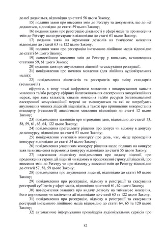 82
до неї додаються, відповідно до статті 58 цього Закону;
15) подання заяви про внесення змін до Реєстру та документів, що до неї
додаються, відповідно до статті 59 цього Закону;
16) подання заяви про реєстрацію діяльності у сфері медіа та про внесення
змін до Реєстру щодо реєстрантів відповідно до статті 61 цього Закону;
17) подання заяви на отримання дозволів на тимчасове мовлення
відповідно до статей 63 та 122 цього Закону;
18) подання заяви про реєстрацію іноземного лінійного медіа відповідно
до статті 64 цього Закону;
19) самостійного внесення змін до Реєстру у випадках, встановлених
статтями 59, 61 цього Закону;
20) подання заяв про анулювання ліцензій та скасування реєстрації;
21) повідомлення про початок мовлення (для лінійних аудіовізуальних
медіа);
22) повідомлення ліцензіатів та реєстрантів про зміну стандартів
(технологій)
ефірного, в тому числі цифрового мовлення з використанням каналів
мовлення та/або ресурсу ефірних багатоканальних електронних комунікаційних
мереж, при яких кількість каналів мовлення та/або ресурси багатоканальної
електронної комунікаційної мережі не зменшуються та які не потребують
анулювання чинних ліцензій ліцензіатів, а також про припинення використання
стандарту (технології) аналогового мовлення відповідно до статті 12 цього
Закону;
23) повідомлення заявників про отримання заяв, відповідно до статей 53,
58, 59, 61, 63, 64, 122 цього Закону;
24) повідомлення претенденту рішення про допуск чи відмову в допуску
до конкурсу, відповідно до статті 53 цього Закону;
25) повідомлення учасників конкурсу про день, час, місце проведення
конкурсу відповідно до статті 54 цього Закону;
26) повідомлення учасникам конкурсу рішення щодо поданих на конкурс
заяв та визначення переможця конкурсу відповідно до статті 55 цього Закону;
27) надсилання ліцензіату повідомлення про видачу ліцензії, про
продовження строку дії ліцензії чи відмову в продовженні строку дії ліцензії, про
внесення змін до Реєстру чи про відмову у внесенні змін до Реєстру відповідно
до статей 57, 58, 59 цього Закону;
28) повідомлення про анулювання ліцензії, відповідно до статті 60 цього
Закону;
29) повідомлення про реєстрацію, відмову в реєстрації та скасування
реєстрації суб’єктів у сфері медіа, відповідно до статей 61, 62 цього Закону;
30) повідомлення заявника про видачу дозволу на тимчасове мовлення,
його анулювання чи закінчення дії відповідно до статей 63 та 122 цього Закону;
31) повідомлення про реєстрацію, відмову в реєстрації та скасування
реєстрації іноземного лінійного медіа відповідно до статті 64, 65 та 120 цього
Закону;
32) автоматичне інформування провайдерів аудіовізуальних сервісів про
 