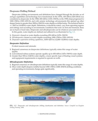 A Guide to Deepwater Drilling 7
I. DEEPWATER GENERAL
Deepwater Drilling Defined
Deepwater drilling environments and definitions have changed through the decades as oil
and gas capabilities and technology have transformed. In the 1970s, 100–200m (328–656ft) was
considered as deepwater. In the 1980s 450–600m (1476–1969ft), in the 1990s deep progressed to
1000–1500m (3281–4921ft), and with seismic technology advancements this opened up other
deeper basins to greater than 3000m (9843ft) water depths as drilled today. The technical limit is
+/-4267m (14,000ft) water depth. Definitions, it should be noted, vary from operating regions
and settings and according to environments/conditions that exist. So first and foremost, there
are no hard or fixed rules. Deepwater and ultradeepwater can be whatever you want it to be.
In this guide, water depths are defined and adhered to as illustrated in Fig. 1.3.
1. Deepwater classed as water depths exceeding 450–600m (1476–1969ft)
2. Ultradeepwater classed as water depths exceeding 1000–1500m (3281–4921ft)
3. Deepwater exploration drilling capabilities, 3658–4267m (12,000–14,000ft) water depths.
Deepwater Definition
Evident reasons and rationale:
1. Regional consensus on deepwater definitions typically states this range of water
depths.
2. Conventional subsea systems operate capably up to 450–600m (1476–1969ft) water depth.
3. Greater than 500m (1640ft) water depths, a more specific type of floating vessel systems
and equipment requirements is required to operate on wells.
Ultradeepwater Definition
1. Regional consensus on ultradeepwater definitions typically states this range of water depths.
2. Once water depth deepens notably beyond 1000–1500m (3280–4920ft) drilling conditions
and operating environments change quite significantly.
FIG. 1.3 Deepwater and ultradeepwater drilling classification and definition. Source: Compiled via Kingdom
Drilling Training, 2006.
 