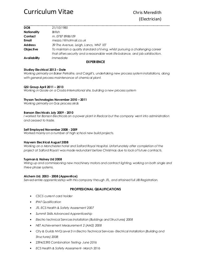chris meredith electrician cv 2 electrician cv