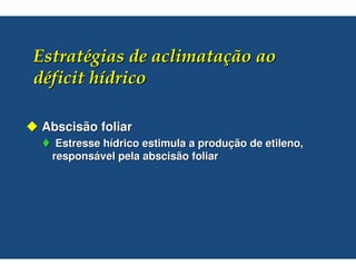 Abscisão foliar
  Estresse hídrico estimula a produção de etileno,
 responsável pela abscisão foliar
 