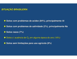 SITUAÇÃO BRASILEIRA




   Solos com problemas de acidez (84%), principalmente Al

   Solos com problemas de salinidade (2%), principalmente Na

   Solos rasos (7%)

   Solos c/ ausência de O2 em alguma época do ano (16%)

   Solos sem limitações para uso agrícola (9%)
 