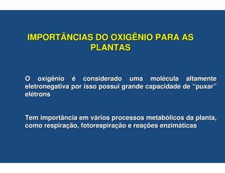IMPORTÂNCIAS DO OXIGÊNIO PARA AS
           PLANTAS


O oxigênio é considerado uma molécula altamente
eletronegativa por isso possui grande capacidade de “puxar”
elétrons


Tem importância em vários processos metabólicos da planta,
como respiração, fotorespiração e reações enzimáticas
 