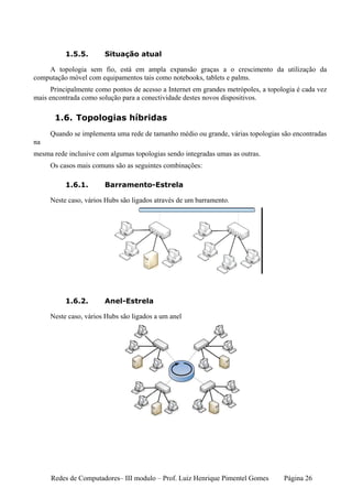 1.5.5.        Situação atual

    A topologia sem fio, está em ampla expansão graças a o crescimento da utilização da
computação móvel com equipamentos tais como notebooks, tablets e palms.
      Principalmente como pontos de acesso a Internet em grandes metrópoles, a topologia é cada vez
mais encontrada como solução para a conectividade destes novos dispositivos.

       1.6. Topologias híbridas
     Quando se implementa uma rede de tamanho médio ou grande, várias topologias são encontradas
na
mesma rede inclusive com algumas topologias sendo integradas umas as outras.
     Os casos mais comuns são as seguintes combinações:

          1.6.1.        Barramento-Estrela

     Neste caso, vários Hubs são ligados através de um barramento.




          1.6.2.        Anel-Estrela

     Neste caso, vários Hubs são ligados a um anel




     Redes de Computadores– III modulo – Prof. Luiz Henrique Pimentel Gomes         Página 26
 