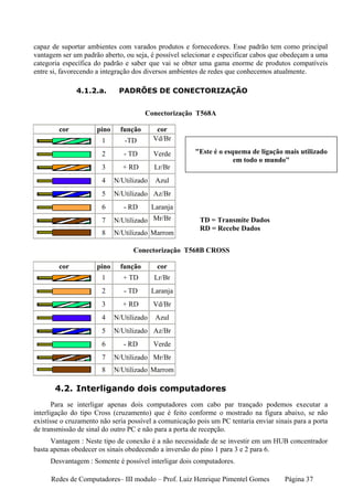 capaz de suportar ambientes com varados produtos e fornecedores. Esse padrão tem como principal
vantagem ser um padrão aberto, ou seja, é possível selecionar e especificar cabos que obedeçam a uma
categoria específica do padrão e saber que vai se obter uma gama enorme de produtos compatíveis
entre si, favorecendo a integração dos diversos ambientes de redes que conhecemos atualmente.

              4.1.2.a.       PADRÕES DE CONECTORIZAÇÃO


                                       Conectorização T568A

        cor          pino     função       cor
                       1       -TD        Vd/Br

                       2       - TD       Verde         "Este é o esquema de ligação mais utilizado
                                                                     em todo o mundo"
                       3      + RD        Lr/Br
                       4    N/Utilizado    Azul
                       5    N/Utilizado Az/Br
                       6       - RD       Laranja
                       7    N/Utilizado Mr/Br            TD = Transmite Dados
                                                         RD = Recebe Dados
                       8    N/Utilizado Marrom

                                  Conectorização T568B CROSS

        cor          pino     função       cor
                       1       + TD       Lr/Br
                       2       - TD       Laranja
                       3      + RD        Vd/Br
                       4    N/Utilizado    Azul
                       5    N/Utilizado Az/Br
                       6       - RD       Verde
                       7    N/Utilizado Mr/Br
                       8    N/Utilizado Marrom

       4.2. Interligando dois computadores
       Para se interligar apenas dois computadores com cabo par trançado podemos executar a
interligação do tipo Cross (cruzamento) que é feito conforme o mostrado na figura abaixo, se não
existisse o cruzamento não seria possível a comunicação pois um PC tentaria enviar sinais para a porta
de transmissão de sinal do outro PC e não para a porta de recepção.
      Vantagem : Neste tipo de conexão é a não necessidade de se investir em um HUB concentrador
basta apenas obedecer os sinais obedecendo a inversão do pino 1 para 3 e 2 para 6.
     Desvantagem : Somente é possível interligar dois computadores.

      Redes de Computadores– III modulo – Prof. Luiz Henrique Pimentel Gomes           Página 37
 