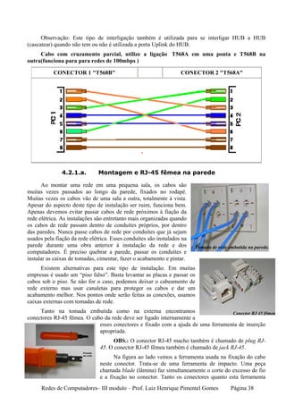Observação: Este tipo de interligação também é utilizada para se interligar HUB a HUB
(cascatear) quando não tem ou não é utilizada a porta Uplink do HUB.
     Cabo com cruzamento parcial, utilize a ligação T568A em uma ponta e T568B na
outra(funciona para para redes de 100mbps )

           CONECTOR 1 "T568B"                                      CONECTOR 2 "T568A"




               4.2.1.a.        Montagem e RJ-45 fêmea na parede

      Ao montar uma rede em uma pequena sala, os cabos são
muitas vezes passados ao longo da parede, fixados no rodapé.
Muitas vezes os cabos vão de uma sala a outra, totalmente à vista.
Apesar do aspecto deste tipo de instalação ser ruim, funciona bem.
Apenas devemos evitar passar cabos de rede próximos à fiação da
rede elétrica. As instalações são entretanto mais organizadas quando
os cabos de rede passam dentro de conduítes próprios, por dentro
das paredes. Nunca passe cabos de rede por conduítes que já sejam
usados pela fiação da rede elétrica. Esses conduítes são instalados na
parede durante uma obra anterior à instalação da rede e dos              Tomada de rede embutida na parede.
computadores. É preciso quebrar a parede, passar os conduítes e
instalar as caixas de tomadas, cimentar, fazer o acabamento e pintar.
      Existem alternativas para este tipo de instalação. Em muitas
empresas é usado um “piso falso”. Basta levantar as placas e passar os
cabos sob o piso. Se não for o caso, podemos deixar o cabeamento de
rede externo mas usar canaletas para proteger os cabos e dar um
acabamento melhor. Nos pontos onde serão feitas as conexões, usamos
caixas externas com tomadas de rede.
     Tanto na tomada embutida como na externa encontramos                         Conector RJ 45 fêmea
conectores RJ-45 fêmea. O cabo da rede deve ser ligado internamente a
                             esses conectores e fixado com a ajuda de uma ferramenta de inserção
                             apropriada.
                                     OBS.: O conector RJ-45 macho também é chamado de plug RJ-
                               45. O conector RJ-45 fêmea também é chamado de jack RJ-45.
                                     Na figura ao lado vemos a ferramenta usada na fixação do cabo
                               neste conector. Trata-se de uma ferramenta de impacto. Uma peça
                               chamada blade (lâmina) faz simultaneamente o corte do excesso de fio
                               e a fixação no conector. Tanto os conectores quanto esta ferramenta
      Redes de Computadores– III modulo – Prof. Luiz Henrique Pimentel Gomes             Página 38
 