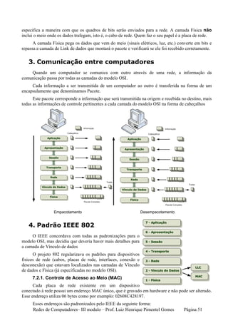 especifica a maneira com que os quadros de bits serão enviados para a rede. A camada Física não
inclui o meio onde os dados trafegam, isto é, o cabo de rede. Quem faz o seu papel é a placa de rede.
      A camada Física pega os dados que vem do meio (sinais elétricos, luz, etc.) converte em bits e
repassa a camada de Link de dados que montará o pacote e verificará se ele foi recebido corretamente.


   3. Comunicação entre computadores
    Quando um computador se comunica com outro através de uma rede, a informação da
comunicação passa por todas as camadas do modelo OSI.
     Cada informação a ser transmitida de um computador ao outro é transferida na forma de um
encapsulamento que denominamos Pacote.
      Este pacote corresponde a informação que será transmitida na origem e recebida no destino, mais
todas as informações de controle pertinentes a cada camada do modelo OSI na forma de cabeçalhos




                 Empacotamento                                  Desempacotamento


   4. Padrão IEEE 802
     O IEEE concordava com todas as padronizações para o
modelo OSI, mas decidiu que deveria haver mais detalhes para
a camada de Vínculo de dados
      O projeto 802 regularizava os padrões para dispositivos
físicos de rede (cabos, placas de rede, interfaces, conexão e
desconexão) que estavam localizados nas camadas de Vínculo
de dados e Física (já especificadas no modelo OSI).
     7.2.1. Controle de Acesso ao Meio (MAC)
      Cada placa de rede existente em um dispositivo
conectado à rede possui um endereço MAC único, que é gravado em hardware e não pode ser alterado.
Esse endereço utiliza 06 bytes como por exemplo: 02608C428197.
     Esses endereços são padronizados pelo IEEE da seguinte forma:
     Redes de Computadores– III modulo – Prof. Luiz Henrique Pimentel Gomes           Página 51
 