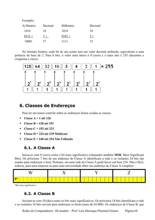 Exemplo:
       A) Binário         Decimal     B)Binário             Decimal
          1010            10          1010                  10
          0111 +          7+          0101 +                5+
          10001           17          1111                  15


     No formato binário, cada bit de um octeto tem um valor decimal atribuído, equivalente a uma
potência da base de 2. Para 8 bits, o valor mais baixo é 0 (zero) e o mais alto é 255 (duzentos e
cinqüenta e cinco).




     6. Classes de Endereços
       Para ter um maior controle sobre os endereços foram criadas as classes
          Classe A = 1 até 126
          Classe B = 128 até 191
          Classe C = 192 até 223
          Classe D = 224 até 239 Multicast
          Classe E = 240 até 254 Não Utilizado

          6.1. A Classe A
      Inicia-se com 0 (zero) como o bit mais significativo (chamados também MSB, Most Significant
Bits). Os próximos 7 bits de um endereço de Classe A identificam a rede e os restantes 24 bits são
usados para endereçar o host. Portanto, em uma rede de Classe A pode haver um host 224. Não é fácil,
todavia, para uma empresa ou para uma universidade obter um endereço de Classe A completo.

              W                       X                          Y                       Z
0*
*Bit mais significativo


          6.2. A Classe B
      Iniciam-se com 10 (dez) como os bits mais significativos. Os próximos 14 bits identificam a rede
e os restantes 16 bits servem para endereçar os hosts (mais de 65.000). Os endereços de Classe B, que

        Redes de Computadores– III modulo – Prof. Luiz Henrique Pimentel Gomes         Página 68
 