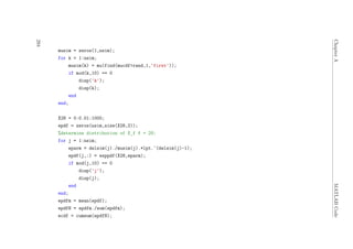 ChapterAMATLABCode
musim = zeros(1,nsim);
for k = 1:nsim;
musim(k) = mu(find(mucdf>rand,1,’first’));
if mod(k,10) == 0
disp(’k’);
disp(k);
end
end;
X28 = 0:0.01:1000;
epdf = zeros(nsim,size(X28,2));
%determine distribution of X_f f = 28;
for j = 1:nsim;
eparm = delsim(j)./musim(j).*lpt.ˆ(delsim(j)-1);
epdf(j,:) = exppdf(X28,eparm);
if mod(j,10) == 0
disp(’j’);
disp(j);
end
end;
epdfm = mean(epdf);
epdfN = epdfm./sum(epdfm);
ecdf = cumsum(epdfN);
294
 