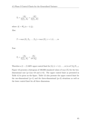 4.5 Phase I Control Charts for the Generalized Variance
Ti =
|Ai|
| m
i=1 Ai|
=
|A∗
i |
| m
i=1 A∗
i |
where A∗
i ∼ Wp (n − 1, Ip).
Also
T = max (T1, T2, . . . , Tm) = max (Ti) , i = 1, 2, . . . , m
Now
Ti =
|Ai|
| m
i=1 Ai|
=
|Si|
mp |Sp|
Therefore a (1 − β) 100% upper control limit for |Si| (i = 1, 2, . . . , m) is mp
|Sp| T1−β.
Figure 4.6 presents a histogram of 100,000 simulated values of max (Ti) for the two-
dimensional case (p=2,m=10 and n=6). The upper control limit as presented in
Table 4.3 is given on the ﬁgure. Table 4.3 also presents the upper control limit for
the one-dimensional (p=1) and the three-dimensional (p=3) situations as well as
the lower control limit for all three dimensions.
85
 