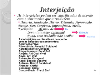Interjeição
Interjeição
 As interjeições podem ser classificadas de acordo
com o sentimento que a traduzem.
Alegria, Saudação, Alívio, Estímulo, Aprovação,
Desejo, Dor, Surpresa, Impaciência, Medo.
Exemplos: Ai meu dedo!
Levanta amigo, coragem!
Puxa, essa trabalho não acaba!
15
Dor
Estímulo
Impaciência
As interjeições se classificam de acordo
com as emoções ou sentimentos:
Aclamação: Viva!
Advertência: Atenção! Cuidado!
Agradecimento: Obrigado!
Afugentamento: Fora! Sai!
Alegria: Ah! Oba! Viva!
Alívio: Ah! Ufa!
Animação: Coragem!
Apelo, pedido: Socorro!
Aplauso: Bravo! Parabéns!
Aversão: Credo!
Cessação: Basta!
Concordância: Claro! Sim!
 