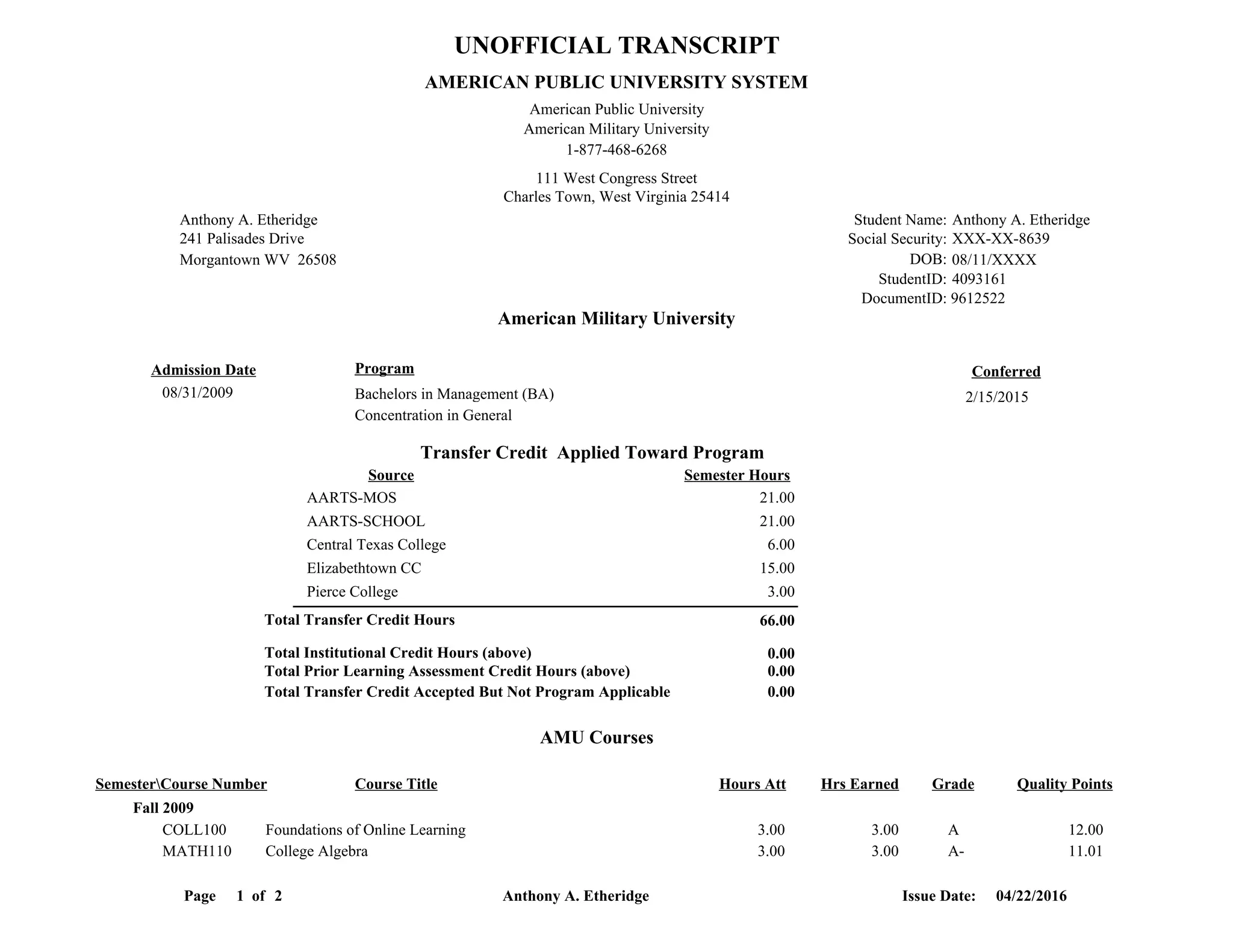 UNOFFICIAL TRANSCRIPT
AMERICAN PUBLIC UNIVERSITY SYSTEM
American Public University
American Military University
1-877-468-6268
111 West Congress Street
Charles Town, West Virginia 25414
Anthony A. Etheridge
241 Palisades Drive
Morgantown WV 26508
American Military University
Student Name: Anthony A. Etheridge
Social Security: XXX-XX-8639
08/11/XXXXDOB:
DocumentID: 9612522
StudentID: 4093161
Bachelors in Management (BA) 2/15/201508/31/2009
Concentration in General
Admission Date Program Conferred
Transfer Credit Applied Toward Program
Source Semester Hours
AARTS-MOS 21.00
AARTS-SCHOOL 21.00
Central Texas College 6.00
Elizabethtown CC 15.00
Pierce College 3.00
Total Transfer Credit Hours 66.00
Total Institutional Credit Hours (above)
Total Prior Learning Assessment Credit Hours (above)
Total Transfer Credit Accepted But Not Program Applicable
0.00
0.00
0.00
Fall 2009
COLL100 Foundations of Online Learning 3.00 3.00 12.00A
MATH110 College Algebra 3.00 3.00 11.01A-
AMU Courses
SemesterCourse Number Quality PointsHours AttCourse Title GradeHrs Earned
Page 1 of 2 Issue Date: 04/22/2016Anthony A. Etheridge
 