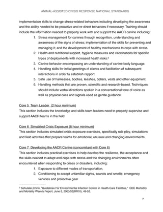 implementation skills to change stress-related behaviors including developing the awareness
and the ability needed to be proactive and re-direct behaviors if necessary. Training should
include the information needed to properly work with and support the AACR canine including:
1. Stress management for canines through recognition, understanding and
awareness of the signs of stress; implementation of the skills for preventing and
managing it; and the development of healthy mechanisms to cope with stress.
2. Health and nutritional support, hygiene measures and vaccinations for speciﬁc
types of deployments with increased health risks.3
3. Canine behavior encompassing an understanding of canine body language.
4. Handling skills for initial greetings of clients and facilitation of subsequent
interactions in order to establish rapport.
5. Safe use of harnesses, booties, leashes, collars, vests and other equipment.
6. Handling methods that are proven, scientiﬁc and research-based. Techniques
should include verbal directions spoken in a conversational tone of voice as
well as physical cues and signals used as gentle guidance.
Core 5 Team Leader (2 hour minimum)
This section includes the knowledge and skills team leaders need to properly supervise and
support AACR teams in the ﬁeld
Core 6 Simulated Crisis Exposure (6 hour minimum)
This section includes simulated crisis exposure exercises, speciﬁcally role play, simulations
and ﬁeld activities that prepare teams for emotional, unusual and changing environments.
Core 7 Developing the AACR Canine (concomitant with Core 6)
This section includes practical exercises to help develop the resilience, the acceptance and
the skills needed to adapt and cope with stress and the changing environments often
encountered when responding to crises or disasters, including:
1. Exposure to different modes of transportation.
2. Conditioning to accept unfamiliar sights, sounds and smells; emergency
vehicles and protective gear.
ANIMAL-ASSISTED CRISIS RESPONSE NATIONAL STANDARDS

 7
3 Sehulster,Chinn, “Guidelines For Environmental Infection Control in Health-Care Facilities,” CDC Morbidity
and Mortality Weekly Report, June 6, 2003/52(RR10), 49-52.
 