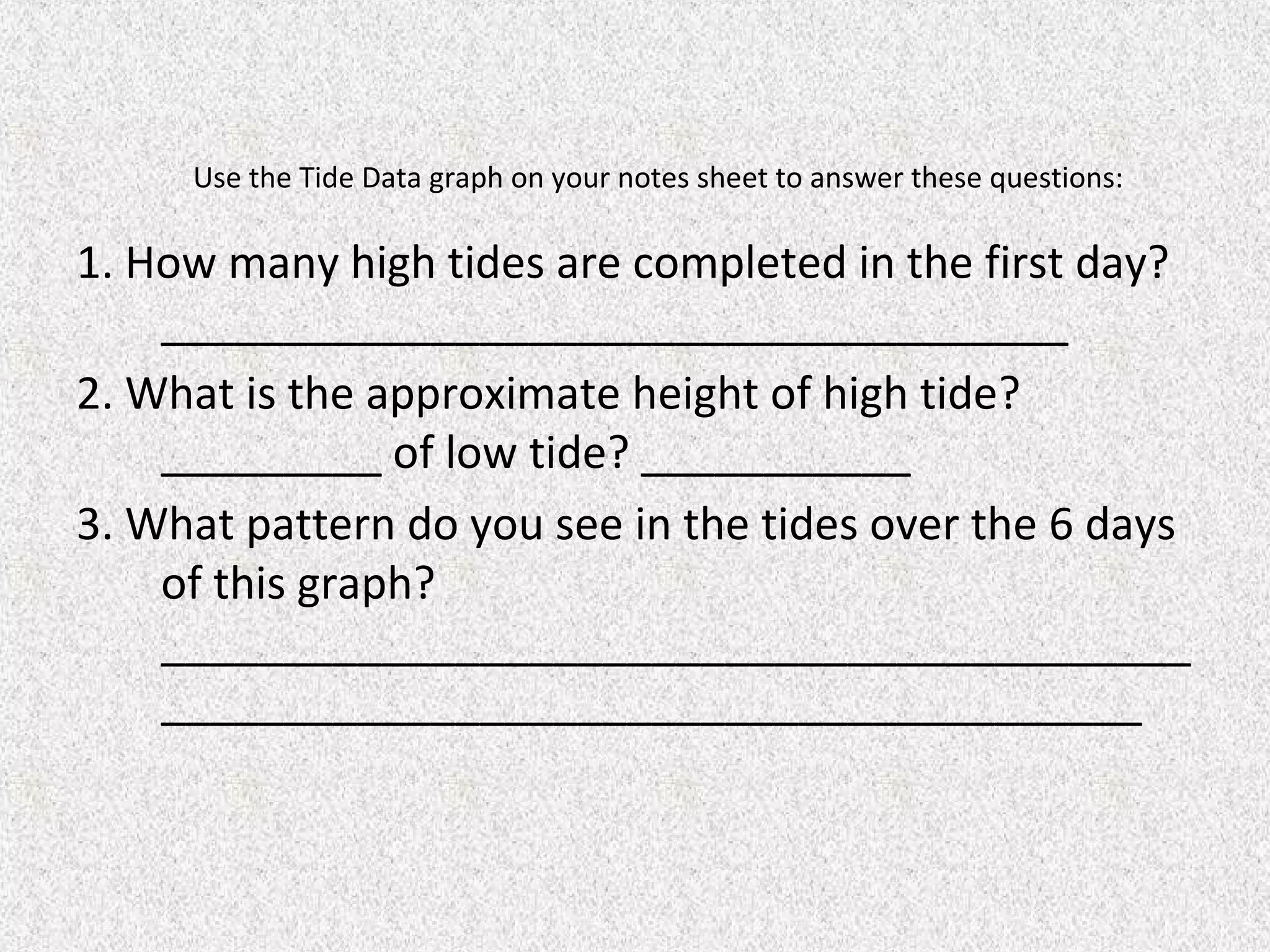 Use the Tide Data graph on your notes sheet to answer these questions:

1. How many high tides are completed in the first day?
    _____________________________________
2. What is the approximate height of high tide?
    _________ of low tide? ___________
3. What pattern do you see in the tides over the 6 days
    of this graph?
    __________________________________________
    ________________________________________
 