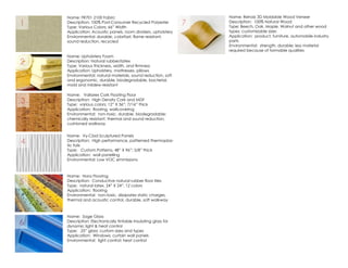Name: FR701 2100 Fabric
Description: 100% Post-Consumer Recycled Polyester
Type: Various Colors; 66” Width
Application: Acoustic panels, room dividers, upholstery
Environmental: durable, colorfast, flame resistant,
sound reduction, recycled
Name: Reholz 3D Moldable Wood Veneer
Description: 100% Natural Wood
Type: Beech, Oak, Maple, Walnut and other wood
types; customizable sizes
Application: product, furniture, automobile industry
parts
Environmental: strength, durable; less material
required because of formable qualities
Name: Sage Glass
Description: Electronically tintable insulating glass for
dynamic light & heat control
Type: .25” glass; custom sizes and types
Application: Windows; curtain wall panels
Environmental: light control; heat control
Name: Nora Flooring
Description: Conductive natural rubber floor tiles
Type: natural latex, 24” X 24”, 12 colors
Application: flooring
Environmental: non-toxic, dissipates static charges,
thermal and acoustic control, durable, soft walkway
Name: Vy-Clad Sculptured Panels
Description: High performance, patterned thermoplas-
tic foils
Type: Custom Patterns, 48” X 96”; 5/8” thick
Application: wall panelling
Environmental: Low VOC emmissions
Name: Vallarex Cork Floating Floor
Description: High Density Cork and MDF
Type: various colors; 12” X 36”; 7/16” thick
Application: flooring, wallcovering
Environmental: non-toxic, durable, biodegradable;
chemically resistant, thermal and sound reduction,
cushioned walkway
Name: Upholstery Foam
Description: Natural rubber/latex
Type: Various thickness, width, and firmness
Application: Upholstery, mattresses, pillows
Environmental: natural materials, sound reduction, soft
and ergonomic, durable, biodegradable, bacterial,
mold and mildew resistant
1 7
6
5
4
3
2
 