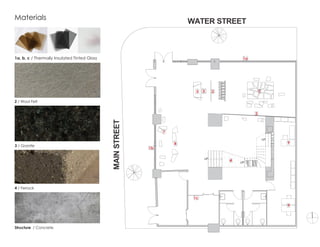 1a, b, c / Thermally Insulated Tinted Glass
UP
UP
UP
N
WATER STREET
MAINSTREET
2 / Wool Felt
3 / Granite
4 / Ferrock
1a
4
2
1b
2
5 7
9
98
3
1c
7
Structure / Concrete
Materials
 