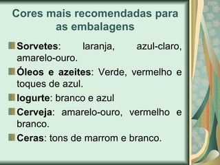 Cores mais recomendadas para
as embalagens
Sorvetes: laranja, azul-claro,
amarelo-ouro.
Óleos e azeites: Verde, vermelho e
toques de azul.
Iogurte: branco e azul
Cerveja: amarelo-ouro, vermelho e
branco.
Ceras: tons de marrom e branco.
 