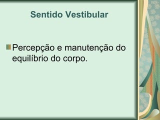 Sentido Vestibular
Percepção e manutenção do
equilíbrio do corpo.
 