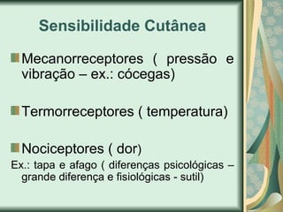 Sensibilidade Cutânea
Mecanorreceptores ( pressão e
vibração – ex.: cócegas)
Termorreceptores ( temperatura)
Nociceptores ( dor)
Ex.: tapa e afago ( diferenças psicológicas –
grande diferença e fisiológicas - sutil)
 
