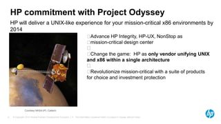 © Copyright 2012 Hewlett-Packard Development Company, L.P. The information contained herein is subject to change without notice.8
HP will deliver a UNIX-like experience for your mission-critical x86 environments by
2014
HP commitment with Project Odyssey
Advance HP Integrity, HP-UX, NonStop as
mission-critical design center

Change the game: HP as only vendor unifying UNIX
and x86 within a single architecture

Revolutionize mission-critical with a suite of products
for choice and investment protection
Courtesy NASA/JPL-Caltech.
 