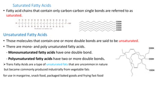 Saturated Fatty Acids
• Fatty acid chains that contain only carbon-carbon single bonds are referred to as
saturated.
Unsaturated Fatty Acids
• Those molecules that contain one or more double bonds are said to be unsaturated.
• There are mono- and poly unsaturated fatty acids.
- Monounsaturated fatty acids have one double bond.
- Polyunsaturated fatty acids have two or more double bonds.
Trans Fatty Acids are a type of unsaturated fats that are uncommon in nature
but became commonly produced industrially from vegetable fats
for use in margarine, snack food, packaged baked goods and frying fast food
 