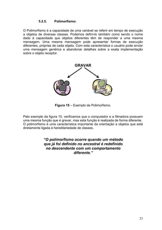 23
5.2.5. Polimorfismo:
O Polimorfismo é a capacidade de uma variável se referir em tempo de execução
a objetos de diversas classes. Podemos defini-lo também como sendo o nome
dado à capacidade que objetos diferentes têm de responder a uma mesma
mensagem. Uma mesma mensagem pode apresentar formas de execução
diferentes, próprias de cada objeto. Com esta característica o usuário pode enviar
uma mensagem genérica e abandonar detalhes sobre a exata implementação
sobre o objeto receptor.
GRAVAR
Figura 15 – Exemplo de Polimorfismo.
Pelo exemplo da figura 15, verificamos que o computador e a filmadora possuem
uma mesma função que é gravar, mas esta função é realizada de forma diferente.
O polimorfismo é uma característica importante da orientação a objetos que está
diretamente ligada à hereditariedade de classes.
“O polimorfismo ocorre quando um método
que já foi definido no ancestral é redefinido
no descendente com um comportamento
diferente.”
 