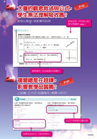首創—學習地圖
樹狀圖整理各章重點
【超簡單】
數學 B、C
複習講義
鍾沅 編著
貼心附 教師用－龍騰總複習題庫光碟
P.10
P.97
大量的觀念敘述與公式，
學生無法理解吸收嗎？
複習總是在趕課，
影響教學品質嗎？
1040009
P.1、60、108
表格化整理，搭配實例說明
因應差異化教學，小架構立大功
P.10、35、105
P.71、97、249
表格化整理，搭配實例說明
小架構、立大功！試題補充、解題小技巧！
簡單實例，將抽象概念具體化
表格呈現，可同時比較！
學生閱讀更 esay！
因應各班狀況，可斟酌補充！
公式不再需要反覆抄寫
 