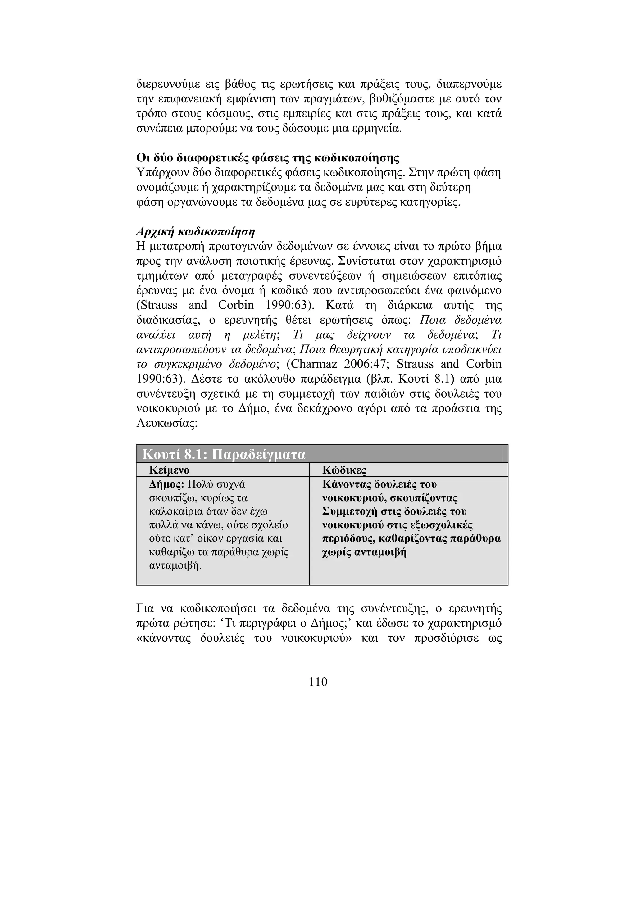 110
διερευνούµε εις βάθος τις ερωτήσεις και πράξεις τους, διαπερνούµε
την επιφανειακή εµφάνιση των πραγµάτων, βυθιζόµαστε µε αυτό τον
τρόπο στους κόσµους, στις εµπειρίες και στις πράξεις τους, και κατά
συνέπεια µπορούµε να τους δώσουµε µια ερµηνεία.
Οι δύο διαφορετικές φάσεις της κωδικοποίησης
Υπάρχουν δύο διαφορετικές φάσεις κωδικοποίησης. Στην πρώτη φάση
ονοµάζουµε ή χαρακτηρίζουµε τα δεδοµένα µας και στη δεύτερη
φάση οργανώνουµε τα δεδοµένα µας σε ευρύτερες κατηγορίες.
Αρχική κωδικοποίηση
Η µετατροπή πρωτογενών δεδοµένων σε έννοιες είναι το πρώτο βήµα
προς την ανάλυση ποιοτικής έρευνας. Συνίσταται στον χαρακτηρισµό
τµηµάτων από µεταγραφές συνεντεύξεων ή σηµειώσεων επιτόπιας
έρευνας µε ένα όνοµα ή κωδικό που αντιπροσωπεύει ένα φαινόµενο
(Strauss and Corbin 1990:63). Κατά τη διάρκεια αυτής της
διαδικασίας, ο ερευνητής θέτει ερωτήσεις όπως: Ποια δεδοµένα
αναλύει αυτή η µελέτη; Τι µας δείχνουν τα δεδοµένα; Τι
αντιπροσωπεύουν τα δεδοµένα; Ποια θεωρητική κατηγορία υποδεικνύει
το συγκεκριµένο δεδοµένο; (Charmaz 2006:47; Strauss and Corbin
1990:63). ∆έστε το ακόλουθο παράδειγµα (βλπ. Κουτί 8.1) από µια
συνέντευξη σχετικά µε τη συµµετοχή των παιδιών στις δουλειές του
νοικοκυριού µε το ∆ήµο, ένα δεκάχρονο αγόρι από τα προάστια της
Λευκωσίας:
Κουτί 8.1: Παραδείγµατα
Κείµενο Κώδικες
∆ήµος: Πολύ συχνά
σκουπίζω, κυρίως τα
καλοκαίρια όταν δεν έχω
πολλά να κάνω, ούτε σχολείο
ούτε κατ’ οίκον εργασία και
καθαρίζω τα παράθυρα χωρίς
ανταµοιβή.
Κάνοντας δουλειές του
νοικοκυριού, σκουπίζοντας
Συµµετοχή στις δουλειές του
νοικοκυριού στις εξωσχολικές
περιόδους, καθαρίζοντας παράθυρα
χωρίς ανταµοιβή
Για να κωδικοποιήσει τα δεδοµένα της συνέντευξης, ο ερευνητής
πρώτα ρώτησε: ‘Τι περιγράφει ο ∆ήµος;’ και έδωσε το χαρακτηρισµό
«κάνοντας δουλειές του νοικοκυριού» και τον προσδιόρισε ως
 