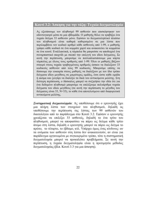 22
Κουτί 3.2: Άσκηση για την τάξη: Τυχαία δειγµατοληψία
Ας εξετάσουµε τον πληθυσµό 99 ασθενών που επισκέφτηκαν τον
οδοντογιατρό µέσα σε µια εβδοµάδα. Ο µαθητής θέλει να τραβήξει ένα
τυχαίο δείγµα 33 ασθενών µόνο. Εφόσον το δειγµατοληπτικό πλαίσιο
του πληθυσµού είναι καθαρά καθορισµένο σε µια λίστα που
περιλαµβάνει τον κωδικό αριθµό κάθε ασθενούς από 1-99, ο µαθητής
γράφει κάθε κωδικό σε ένα κοµµάτι χαρτί και ανακατεύει τα κοµµάτια
σε ένα κουτί. Εναλλακτικά, η τόµπολα θα µπορούσε να αποδειχτεί ένα
συναρπαστικό παιχνίδι µε σκοπό την επιλογή του ιδίου δείγµατος. Σε
αυτή την περίπτωση, µπορούµε να πολλαπλασιάσουµε µια κάρτα
τόµπολας µε όλους τους αριθµούς από 1-99. Όλοι οι µαθητές βάζουν
σταυρό στους τυχαία τραβηγµένους αριθµούς ώσπου να διαλέξουν 33
κωδικούς ασθενών από τους 99 κωδικούς. Μπορούµε επίσης να
δώσουµε την ευκαιρία στους µαθητές να διαλέξουν µε τον ίδιο τρόπο
δείγµατα ιδίου µεγέθους σε µικρότερες οµάδες, έτσι ώστε κάθε οµάδα
ή ακόµα και ζευγάρι να διαλέξει τα δικά του αντικείµενα µελέτης. Στη
δεύτερη περίπτωση, ο δάσκαλος µπορεί να συζητήσει την ιδέα ότι για
ένα δεδοµένο πληθυσµό µπορούµε να επιλέξουµε πολυάριθµα τυχαία
δείγµατα του ιδίου µεγέθους (σε αυτή την περίπτωση το µέγεθος του
δείγµατος είναι 33, Ν=33), το κάθε ένα αποτελούµενο από διαφορετικά
αντικείµενα µελέτης.
Συστηµατική δειγµατοληψία: Ας υποθέσουµε ότι ο ερευνητής έχει
µια πλήρη λίστα των στοιχείων του πληθυσµού, δηλαδή ας
υποθέσουµε την περίπτωση της λίστας των 99 ασθενών του
διαιτολόγου από το παράδειγµα στο Κουτί 3.2. Εφόσον ο ερευνητής
χρειάζεται να επιλέξει 33 ασθενείς, δηλαδή το ένα τρίτο του
πληθυσµού, µπορεί να αποφασίσει να πάρει ως δείγµα κάθε τρίτο
άτοµο στη λίστα, δηλαδή ο ερευνητής µπορεί να πάρει ως δείγµα το
πρώτο, το τέταρτο, το έβδοµο, κτλ. Υπάρχει όµως ένας κίνδυνος: αν
τα ονόµατα των ασθενών στη λίστα δεν ανακατευτούν, αν είναι για
παράδειγµα οργανωµένα µε συγκεκριµένο τρόπο, τότε η συστηµατική
δειγµατοληψία µπορεί να προκαλέσει προβλήµατα. Σε αυτή την
περίπτωση, η τυχαία δειγµατοληψία είναι η προτιµητέα µέθοδος
δειγµατοληψίας (βλπ. Κουτί 3.3 για µια άσκηση).
 