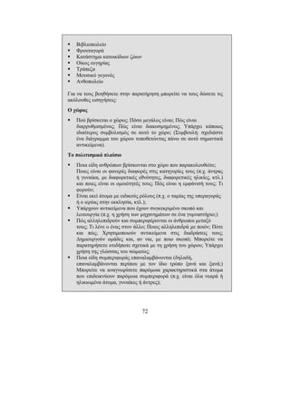 72
Βιβλιοπωλείο
Φρουταγορά
Κατάστηµα κατοικίδιων ζώων
Οίκος ευγηρίας
Τράπεζα
Μουσικό γεγονός
Ανθοπωλείο
Για να τους βοηθήσετε στην παρατήρηση µπορείτε να τους δώσετε τις
ακόλουθες εισηγήσεις:
Ο χώρος
Πού βρίσκεται ο χώρος; Πόσο µεγάλος είναι; Πώς είναι
διαρρυθµισµένος; Πώς είναι διακοσµηµένος; Υπάρχει κάποιος
ιδιαίτερος συµβολισµός σε αυτό το χώρο; (Συµβουλή: σχεδιάστε
ένα διάγραµµα του χώρου τοποθετώντας πάνω σε αυτό σηµαντικά
αντικείµενα).
Το πολιτισµικό πλαίσιο
Ποια είδη ανθρώπων βρίσκονται στο χώρο που παρακολουθείτε;
Ποιες είναι οι φανερές διαφορές στις κατηγορίες τους (π.χ. άντρας
ή γυναίκα, µε διαφορετικές εθνότητες, διαφορετικές ηλικίες, κτλ.)
και ποιες είναι οι οµοιότητές τους; Πώς είναι η εµφάνισή τους; Τι
φορούν;
Είναι εκεί άτοµα µε ειδικούς ρόλους (π.χ. ο ταµίας της υπεραγοράς
ή ο ιερέας στην εκκλησία, κτλ.);
Υπάρχουν αντικείµενα που έχουν συγκεκριµένο σκοπό και
λειτουργία (π.χ. η χρήση των µηχανηµάτων σε ένα γυµναστήριο;)
Πώς αλληλεπιδρούν και συµπεριφέρονται οι άνθρωποι µεταξύ
τους; Τι λένε ο ένας στον άλλο; Ποιος αλληλεπιδρά µε ποιόν; Πότε
και πώς; Χρησιµοποιούν αντικείµενα στις διαδράσεις τους;
∆ηµιουργούν οµάδες και, αν ναι, µε ποιο σκοπό; Μπορείτε να
παρατηρήσετε οτιδήποτε σχετικά µε τη χρήση του χώρου; Υπάρχει
χρήση της γλώσσας του σώµατος;
Ποια είδη συµπεριφοράς επαναλαµβάνονται (δηλαδή,
επαναλαµβάνονται περίπου µε τον ίδιο τρόπο ξανά και ξανά;)
Μπορείτε να αναγνωρίσετε παρόµοια χαρακτηριστικά στα άτοµα
που επιδεικνύουν παρόµοια συµπεριφορά (π.χ. είναι όλα νεαρά ή
ηλικιωµένα άτοµα, γυναίκες ή άντρες);
 