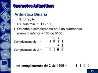 21
Operações AritméticasOperações Aritméticas
Aritmética Binária
Subtração:
Ex. Subtraia 1011 - 100
1. Obtenha o complemento de 2 do subtraendo
(número inferior = 100 ou 0100)
⇒ complemento de 2 de 0100 = 1 1 0 0
1 0 1 1
+ 1
0
1
011
Complemento de 1 =
Complemento de 2 =
1
 