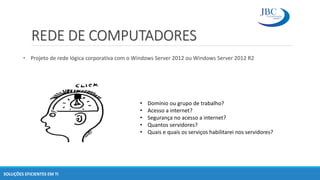 REDE DE COMPUTADORES
• Projeto de rede lógica corporativa com o Windows Server 2012 ou Windows Server 2012 R2
• Domínio ou grupo de trabalho?
• Acesso a internet?
• Segurança no acesso a internet?
• Quantos servidores?
• Quais e quais os serviços habilitarei nos servidores?
SOLUÇÕES EFICIENTES EM TI
 