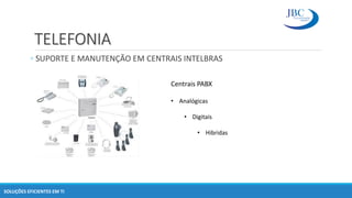 TELEFONIA
◦ SUPORTE E MANUTENÇÃO EM CENTRAIS INTELBRAS
SOLUÇÕES EFICIENTES EM TI
Centrais PABX
• Analógicas
• Digitais
• Hibridas
 