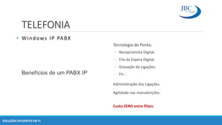 TELEFONIA
SOLUÇÕES EFICIENTES EM TI
Benefícios de um PABX IP
Tecnologia de Ponta:
◦ Recepcionista Digital.
◦ Fila de Espera Digital.
◦ Gravação de Ligações.
◦ Etc…
Administração das Ligações.
Agilidade nas manutenções.
Custo ZERO entre filiais.
.
• Windows IP PABX
 