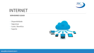 INTERNET
SERVIDORES CLOUD
◦ Disponibilidade
◦ Segurança
◦ Custo / Benefício
◦ Suporte
SOLUÇÕES EFICIENTES EM TI
 