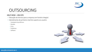 OUTSOURCING
HELP DESK – ON SITE
• Alocação do técnico para a empresa em horário integral.
• Atendimento do primeiro nível do suporte ao usuário:
◦ Instalação de periféricos.
◦ Dúvidas.
◦ Erros.
◦ Problemas.
◦ Software
SOLUÇÕES EFICIENTES EM TI
 