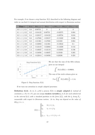 For example, if we choose a step function X(t) described in the following diagram and
table we can ﬁnd it’s integral and normal distribution with respect to Brownian motion:
Time t X(t) B(ti+1) B(ti) ci(B(ti+1) − B(ti)) c2
i (ti+1 − ti)
0.0 < t ≤ 0.1 0.0 0.08753 0 0 0
0.1 < t ≤ 0.2 0.2 −0.04122 0.08753 −0.02575 0.004
0.2 < t ≤ 0.3 0.4 −0.28517 −0.04122 −0.09758 0.016
0.3 < t ≤ 0.4 0.6 −0.47888 −0.28517 −0.11622 0.036
0.4 < t ≤ 0.5 0.8 −0.21361 −0.47888 0.21222 0.064
0.5 < t ≤ 0.6 1.0 −0.32003 −0.21361 −0.10642 0.1
0.6 < t ≤ 0.7 1.2 −0.43119 −0.32003 −0.13339 0.144
0.7 < t ≤ 0.8 1.4 −0.46037 −0.43119 −0.04085 0.196
0.8 < t ≤ 0.9 1.6 −0.34056 −0.46037 0.19169 0.265
0.9 < t ≤ 1.0 1.8 −0.22814 −0.34056 0.20236 0.324
Figure 5: Step function X(t)
We see that the sum of the ﬁfth column
gives us our integral
T
0
X(t) dB(t) = 0.08604.
The sum of the sixth column gives us
V ar
T
0
X(t) dB(t) = 1.14.
If we turn our attention to simple adapted processes:
Deﬁnition 3.2.2. As in [1, p.93] a process X(t) is simple adapted if, instead of
constants ci ∈ R, ∀i ∈ N, you can assign random variables ξi to X for each subinterval
in the interval [0, t] with a standard partition in the form {tn
i }, with the ξi being Fti -
measurable with respect to Brownian motion. As in, they can depend on the value of
B(th), h < i.
X(t) =



ξ0 0 ≤ t ≤ t1
ξ1 t1 < t ≤ t2
...
ξn−1 tn−1 < t ≤ tn = t.
17
 
