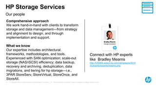 © Copyright 2012 Hewlett-Packard Development Company, L.P. The information contained herein is subject to change without notice.13
Our people
HP Storage Services
Connect with HP experts
like Bradley Mearns
http://h30406.www3.hp.com/campaigns/2010
/humanity/experts/mearns.php
Comprehensive approach
We work hand-in-hand with clients to transform
storage and data management—from strategy
and alignment to design, and through
implementation and support.
What we know
Our expertise includes architectural
frameworks, methodologies, and tools.
Experienced with SAN optimization; scale-out
storage (NAS/iSCSI) efficiency; data backup,
recovery and archiving, deduplication, data
migrations, and tiering for hp storage—i.e.,
3PAR StoreServ, StoreVirtual, StoreOnce, and
StoreAll.
 