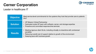 © Copyright 2012 Hewlett-Packard Development Company, L.P. The information contained herein is subject to change without notice.19
Leader in healthcare IT
Cerner Corporation
Objective
Meet service-level commitments for the systems they host that provide care to patients
24x7
Solution
• HP Mission Critical Partnership
• Dedicated onsite HP team with software, server, and storage expertise
• Proactive and committed response-time services
Results
• Meeting rigorous client SLAs, including virtually no downtime with contractual
penalties
• Reducing overall cost of support relative to growth of the environment
• Keeping pace with business growth
 