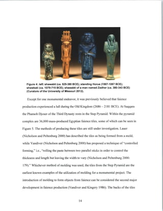 Figure 4: left:shawabti (ca. 525-380 BCE); standing Horus (1567-1087 BCE);
shawbati (ca. 1079-715 BCE); shawabti of a man named Zedher (ca. 380-343 BCE)
(Curators of the University of Missouri 2012).
Except for one monumental endeavor, it was previously believed that faience
production experienced a lull during the Old Kingdom (2686 - 2181 BCE). At Saqqara
the Pharaoh Djoser of the Third Dynasty rests in the Step Pyramid. Within the pyramid
complex are 36,000 mass-produced Egyptian faience tiles, some ofwhich can be seen in
Figure 5. The methods ofproducing these tiles are still under investigation. Lauer
(Nicholson and Peltenburg 2000) has described the tiles as being formed from a mold,
while Vandiver (Nicholson and Peltenburg 2000) has proposed a technique of "controlled
forming," i.e., "rolling the paste between two parallel sticks in order to control the
thickness and length but leaving the width to vary (Nicholson and Peltenburg 2000:
179)." Whichever method of molding was used, the tiles from the Step Pyramid are the
earliest known examples ofthe utilization of molding for a monumental project. The
introduction of molding to form objects from faience can be considered the second major
development in faience production (Vandiver and Kingery 1986). The backs of the tiles
14
 