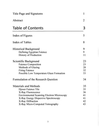 Title Page and Signatures 1
Abstract 2
Table of Contents 3
Index of Figures 5
Index of Tables 8
Historical Background 9
Defining Egyptian Faience 9
History ofProduction 11
Scientific Background 23
Faience Composition 23
Methods of Glazing 28
Firing Faience 32
Possible Low Temperature Glaze Formation 33
Formulation of the Research Question 34
Materials and Methods 35
Djoser Faience Tile 35
X-Ray Fluorescence 36
Environmental Scanning Electron Microscopy 41
X-Ray Energy Dispersive Spectroscopy 41
X-Ray Diffraction 42
X-Ray Micro-Computed Tomography 43
3
 