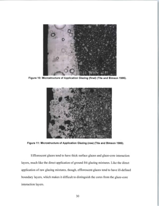 Figure 10: Microstructure of Application Glazing (fired) (Tite and Bimson 1986).
Figure 11: Microstructure of Application Glazing (raw) (Tite and Bimson 1986).
Efflorescent glazes tend to have thick surface glazes and glaze-core interaction
layers, much like the direct application of ground frit glazing mixtures. Like the direct
application of raw glazing mixtures, though, efflorescent glazes tend to have ill-defined
boundary layers, which makes it difficult to distinguish the cores from the glaze-core
interaction layers.
30
 