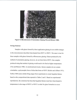 Figure 13: Microstructure of Cementation Glazing (Tite and Bimson 1986).
Firing Faience
Samples with glazes formed by direct application glazing do not exhibit changes
in the microstructure described when heated from 850*C to 900'C. The same is true for
those samples with glazes formed by efflorescence glazing. Glazes produced by the
method of cementation glazing, however, do not form below 850'C, thus samples
produced using that method of glazing would need to be fired at higher temperatures
(Tite and Bimson 1986). As mentioned previously, faience samples do not contain
cristobalite, a polymorphic form of silica that forms at 920'C (Kiefer and Allibert 1971).
Noble (1969) notes similar firing ranges from experiments to create Egyptian faience
based on the compositional data reported in Tables 2 and 3. Based on experimental
reproduction, the consensus has been that Egyptian faience must have been heated to
temperatures in the range of 850*C to 950'C in order for glaze formation to occur.
32
 