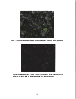 Figure 23: Sodium (yellow)and Chlorine (green) Overlay for Top Near Center Orientation.
Figure 24: Carbon (red) and Calcium (violet) Overlay for Top Near Center Orientation.
Note that carbon is near the edge of elemental detectability for XEDS.
49
 
