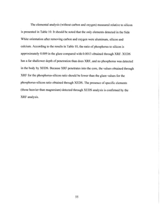The elemental analysis (without carbon and oxygen) measured relative to silicon
is presented in Table 10. It should be noted that the only elements detected in the Side
White orientation after removing carbon and oxygen were aluminum, silicon and
calcium. According to the results in Table 10, the ratio of phosphorus to silicon is
approximately 0.009 in the glaze compared with 0.0013 obtained through XRF. XEDS
has a far shallower depth ofpenetration than does XRF, and no phosphorus was detected
in the body by XEDS. Because XRF penetrates into the core, the values obtained through
XRF for the phosphorus-silicon ratio should be lower than the glaze values for the
phosphorus-silicon ratio obtained through XEDS. The presence of specific elements
(those heavier than magnesium) detected through XEDS analysis is confirmed by the
XRF analysis.
55
 